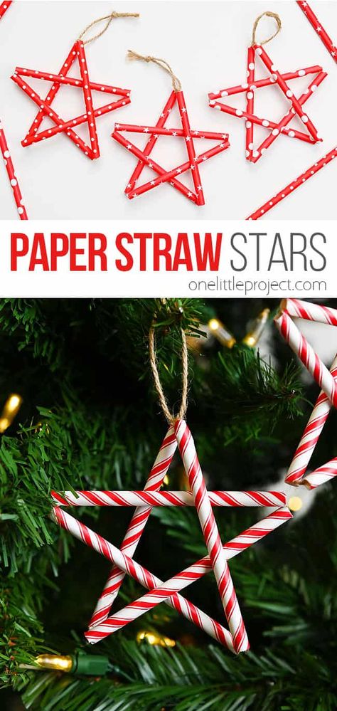 These paper straw stars are SO EASY to make! They're the perfect way to add some crafty charm to your Christmas decor without breaking the bank! Hang them on your Christmas tree, tie them to holiday packages, add them to a homemade garland, or keep them on display all winter long. Follow our easy step-by-step guide to make these cute DIY star ornaments in all your favorite colours. It’s a quick and low-mess craft that both kids and adults will love! Paper Straw Ornaments, Straw Stars Diy Christmas Decorations, Straw Stars Diy, Paper Straw Stars, Paper Stars Diy Easy, Homemade Garland Christmas, Diy Star Ornaments, Popsicle Stick Star, Star Ornaments Diy