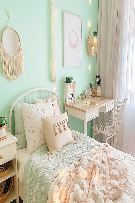 A playful mint green teen bedroom with patterned bedding, whimsical wall decorations, and a cozy study area. Mint Room Ideas Bedrooms, Mint Green Girls Bedroom, Mint Color Room, Mint Green Bedroom Ideas, Teen Bedroom Green, Bedroom Sage Green, Mint Green Room, Bedroom Ideas For Teens, Girls Bedroom Green