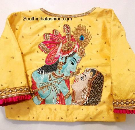 blouse design with radha krishna embroidery photo Light Saree, Computer Embroidery Designs, Blouses Work, Beautiful Resorts, Saree Painting Designs, Saree Blouse Neck Designs, Fabric Paint Designs, Wedding Blouse Designs, Sari Blouse Designs