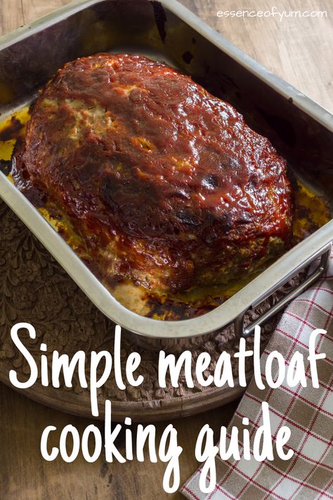 A cooked freeform meatloaf in a baking pan with the text simple meatloaf cooking guide. Meatloaf Temp, Meatloaf Temperature, Meatloaf Oven, Meatloaf Cook Time, Ground Beef Meatloaf, Pork Meatloaf, Baked Meatloaf, Spaghetti With Ground Beef, Beef Meatloaf