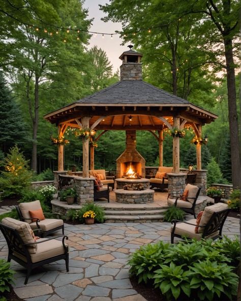 Gazebo With Fireplace Ideas, Craftsman Style Gazebo, Massive Garden Ideas, Fire Pit Gazebo Ideas Covered, Gazebo Near Pool, Farmhouse Gazebo Ideas Backyard, Backyard Gazebo With Fireplace, Outdoor Gazebo With Fireplace, Custom Gazebo Ideas