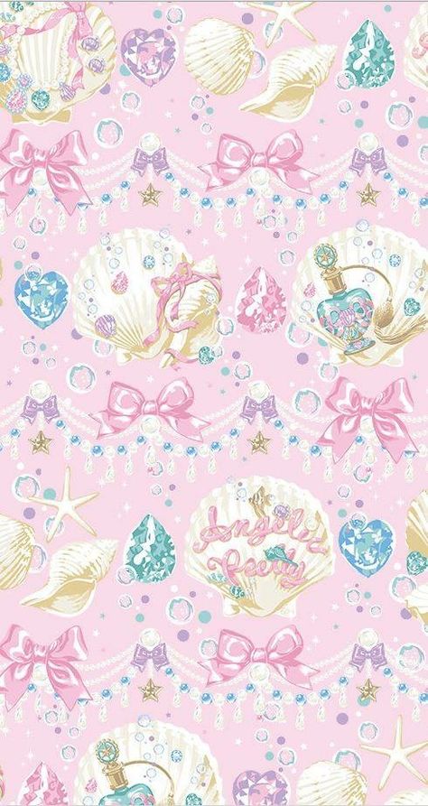 Lolíta Aesthetic Wallpaper, Lolíta Wallpaper, Angelic Pretty Print, Angelic Pretty Wallpaper, Pink Wallpaper Coquette, Wallpaper Pink Pastel, Pink Shells, Cute Pastel Wallpaper, Hello Kitty Iphone Wallpaper