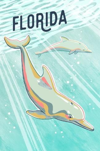 size: 18x12in Art Print: Florida - Graphic Pastel - Bottlenose Dolphin - Lantern Press Artwork by Lantern Press : Dolphin Art Drawings, Ocean Posters Aesthetic, Ocean Animals Art, Beach Prints Wall Art, Manasota Key Florida, Dolphin Poster, Ocean Collage, Beach Backgrounds, Summer Posters