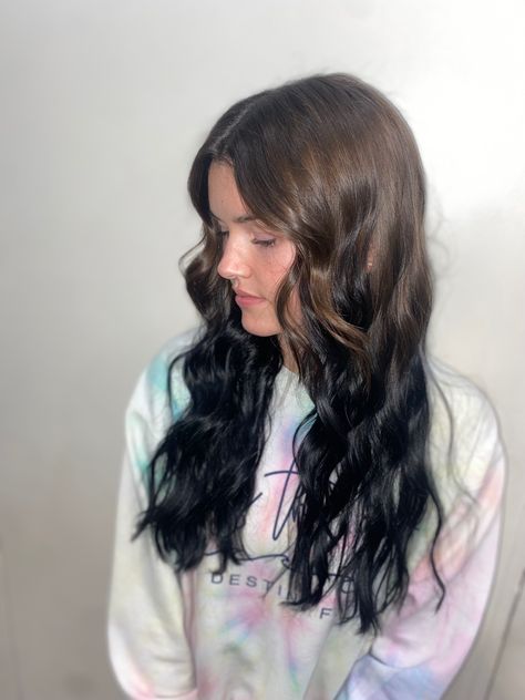 Brown To Black Balayage, Black Ends Hair Dip Dye, Brown Hair Black Ends, Black Hair Brown Roots, Brown Hair With Black Ends, Brown Roots Black Hair, Growing Out Black Hair Dye, Blonde Hair Black Ends, Blonde Roots Black Ends