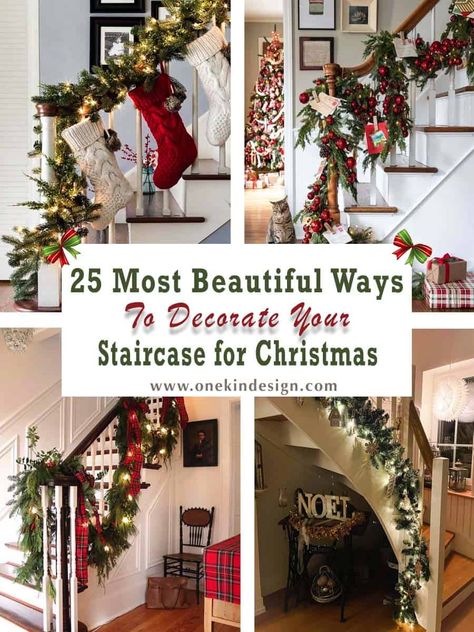 Xmas Bannister Decorations, Christmas Staircase Decor Ribbon, Stairs Decorated For Christmas, Christmas Decoration On Stairs, Christmas Stairway Swag, Staircase Xmas Decor, Christmas Wreaths On Banister, Christmas Ribbon On Staircase, How To Decorate Stair Rail For Christmas