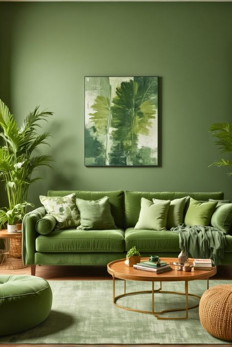 Sage Green Living Room Ideas, Colour Drenching, Green Living Room Ideas, Green Couch Living Room, Sage Green Living Room, White Wainscoting, Green Accent Walls, Earthy Decor, Green Living Room