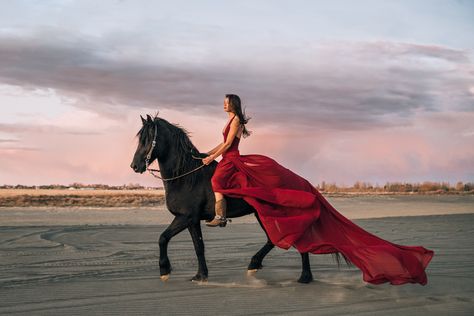 Photo With Horse Ideas, Dramatic Red Dress, Quince Photoshoot Ideas With Horse, Long Dress Horse Photoshoot, Quince Horse Photoshoot, Red Dress Horse Photoshoot, Long Dress Horse Photography, Tomorrow Is A Mystery, Photo Shoot With Horses Fairytale