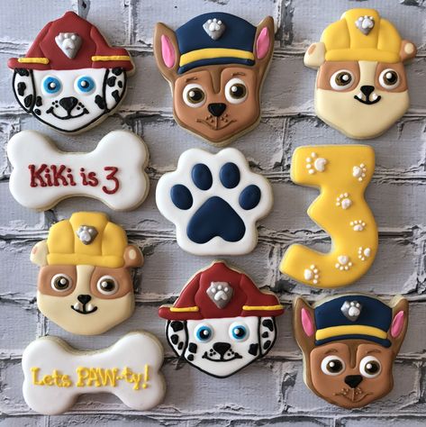 Custom Cookies  Paw Patrol  To see more of my work or to inquire about ordering...please visit me at   www.facebook.com/busybeecakery  www.instagram.com/busybeecakery  #busybeecakery #cutoutcookies  #customcookies #decoratedcookies #artisancookies #cookieart  #cookiedecorator #designercookies #royalicing #cookieclass #cookiedecorating #cookiegram #cookiesofinstagram #cookieartist #decoratedsugarcookies #partyfavors #instacookies #instacookie #cutoutcookies Puppy Patrol, Paw Patrol Cookies, Cookie Gram, Kids Party Bags Fillers, Smooth Icing, Cookie Party Favors, Halloween Party Photo, Rubble Paw Patrol, Royal Iced Cookies