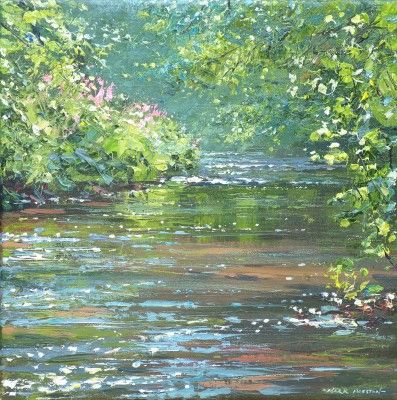 Summer Impressionist Painting, Rex Preston, British Paintings, Red Rag, Reflection Painting, Reflection Art, Monet Art, Monet Paintings, Impressionism Painting