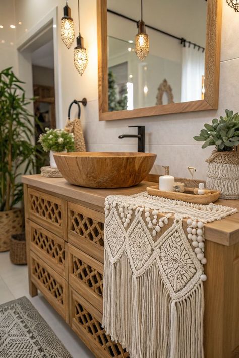 Embrace your inner free spirit with a boho-chic vanity that combines macrame details, natural wood, and organic textures. Create a bathroom sanctuary that feels like a tropical bohemian dream! Boho Vanity Ideas, Bathroom Vanity Trends, Boho Vanity, Bathroom Vanity Ideas, Tropical Bohemian, Vanity Makeover, Best Bathroom Vanities, Pull Out Shelves, Creative Bathroom