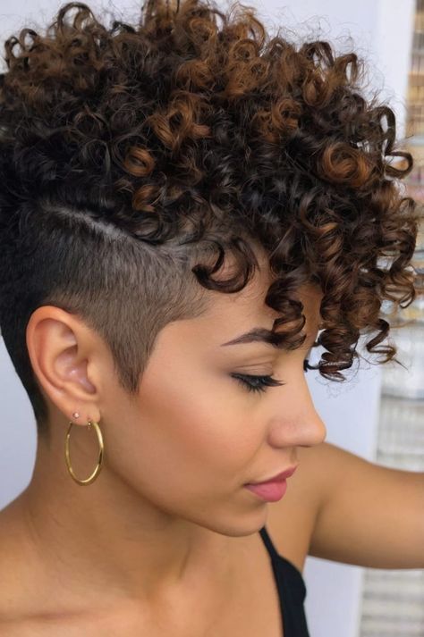 Pixie Haircut Curly Hair Black Women, Short Curly Hair With Undercut Black Women, Wavy Hair With Shaved Sides, Short Hairstyles For Mixed Women, Taper Fade Curly Hair Women, Fade Haircut Women Natural Hair Short Cuts Mohawk Hairstyles Women, Curly Hair Mohawk Women, Curly Mohawk Mullet, Undercut Curly Hair Woman