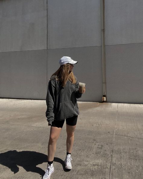 Jordan Chambers’s Instagram profile post: “coffee run” Running Photoshoot, Aesthetic Athleisure, Shorts And Hoodie, Sporty Summer Outfits, Bike Shorts Outfit, Sporty Summer, Coffee Date Outfits, Athleisure Summer, Sporty Outfit