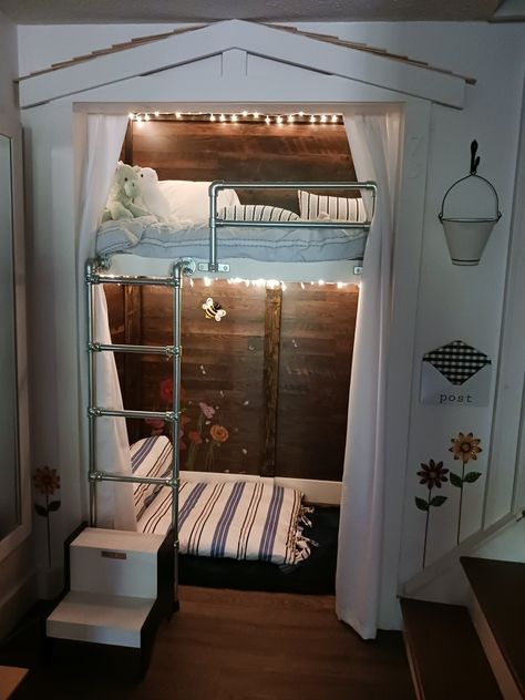 Loft Bed In Closet, Closet Loft Bed, Bed Coming Out Of Closet, Closet Playhouse, Loft Bed Stairs, Kids Nook, Boys Shared Bedroom, Kids Rooms Shared, Diy Loft Bed