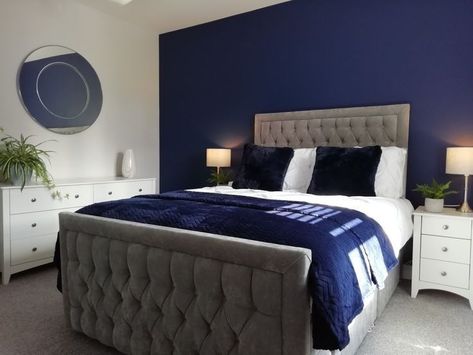 Silver And Navy Bedroom Ideas, Sapphire Blue Bedroom Ideas, Navy Bedroom Grey Bed, Silver And Navy Bedroom, Blue Grey Black Bedroom, Navy Blue And Grey Bedroom Master, Dulux Sapphire Salute Bedrooms, Navy Blue And Grey Bedroom Ideas, Sapphire Salute Bedroom