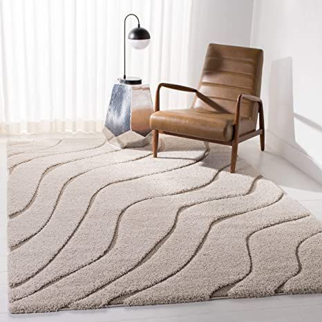 SAFAVIEH Florida Shag Collection SG472 Abstract Wave Non-Shedding Living Room Bedroom Dining Room Entryway Plush 1.2-inch Thick Area Rug, 8' x 10', Cream / Beige Cream Area Rug, Abstract Waves, Chic Pattern, Shag Area Rug, Cream Beige, White Area Rug, Beige Rug, Beige Area Rugs, Indoor Area Rugs