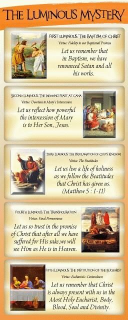 The Luminous Mysteries Luminous Mysteries Of The Rosary, Mysteries Of The Holy Rosary, Praying The Rosary Catholic, Rosary Meditations, The Mysteries Of The Rosary, Rosary Mysteries, Rosary Prayers Catholic, Rosary Prayers, Saints Prayers