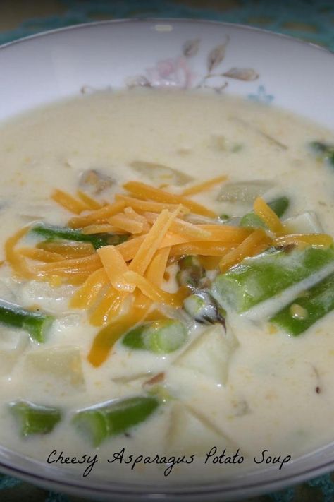 Cheesy Asparagus and Potato Soup Asparagus Potato, Cheesy Asparagus, Soup With Cheese, Vegetable Cake, Cozy Soup, Asparagus Soup, Fall Nights, Potato Soup Recipe, No Bake Snacks