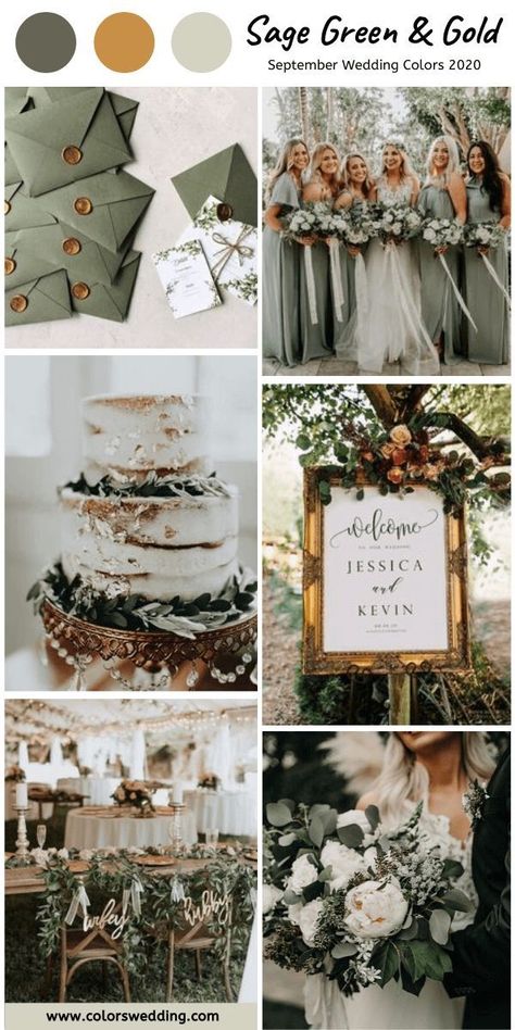 September Wedding Colors, Sage Green Wedding Colors, Green Gold Weddings, Gold Weddings, Fall Wedding Color Schemes, Wedding Color Scheme, Wedding Color Combos, 8 September, Sage Green Bridesmaid Dress