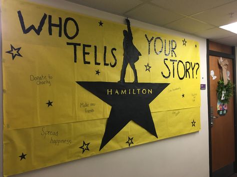 Hamilton Board for Philanthropy Block Drama Display Boards, Talent Show Bulletin Board Ideas, Hamilton Bulletin Board, Hamilton Classroom, Hamilton Classroom Decor, Music Themed Ra Bulletin Boards, Dance Teacher Tools, Motivational Bulletin Boards, Theatre Classroom