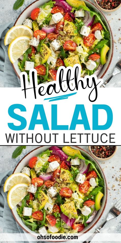 Text reads Healthy Salad Without Lettuce Healthy Hearty Salad Recipes, Veggie Salads Without Lettuce, Longevity Salad, Non Lettuce Salads, No Lettuce Salad Recipes, Salad Without Lettuce, No Lettuce Salad, Salads Without Lettuce, Lettuce Recipe