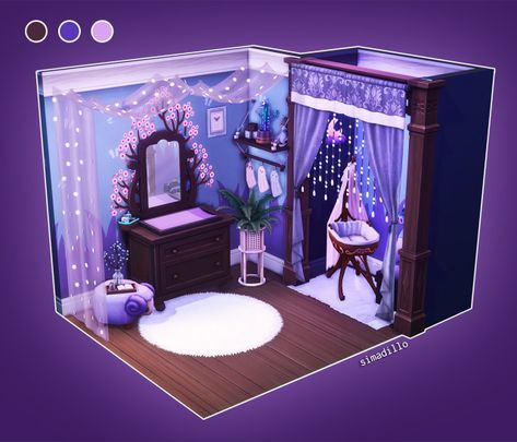 Sims 4 Purple Bedroom, Sims 4 Witch Room, Sims 4 Nursery No Cc, Sims 4 Room Builds, Sims4 Bedroom Ideas, Sims Build Ideas, Sims Rooms Ideas, Bedroom Sims 4 Cc, Sims 4 Room Ideas