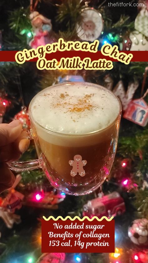 Gingerbread Chai Oatmilk Latte with Collagen – my better-for-you version of a coffee shop holiday and Christmas favorite. Easy to make, no added sugar, and a boost of protein plus other benefits. 153 calories, 14g protein Gingerbread Oat Milk Chai Starbucks, Gingerbread Oatmilk Chai Latte Starbucks, Iced Gingerbread Oat Milk Chai, Chai Tea Protein Shake, Gingerbread Protein Shake, Vanilla Chai Tea, Popular Healthy Recipes, Chai Latte Recipe, Carb Alternatives