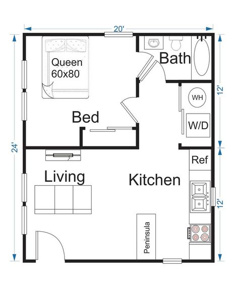 Two Bedroom Tiny Home Floor Plans, Tiny House One Bedroom, Tiny Home Blueprint, Farm Houseplans Interior Design Bedroom, Small Apartment Floor Plans 1 Bedroom, 15x30 House Plans, Small One Bedroom House Plans, One Bedroom Apartment Ideas Floor Plans, Guest House Floor Plans