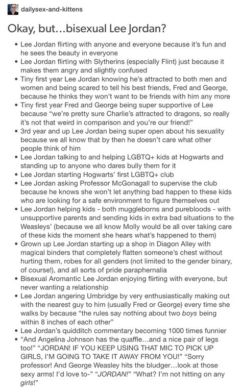 Okay but with the Umbridge one, Fred and George aren't even LGBTQ it's just that they'd do anything to piss Umbridge off Mlb Harry Potter Au, Lgbtq Harry Potter Headcannons, George X Harry, Lee Jordan Harry Potter, Headcanon Harry Potter, Lee Jordan, Fred And George, Gay Harry Potter, Yer A Wizard Harry