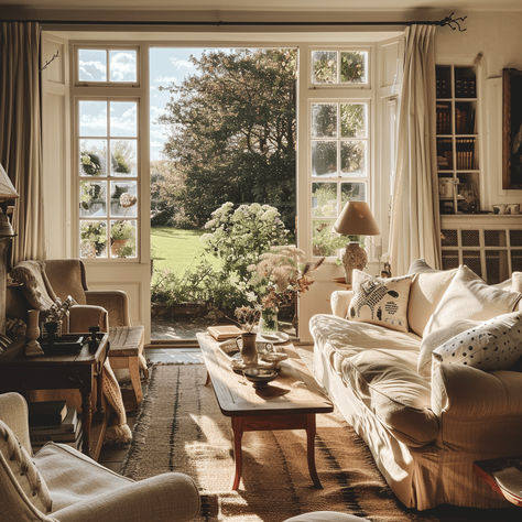 Kitchen Surrounded By Windows, Romantic Cottage Interior, British Country House Decor, Plain English Living Room, English Modern Cottage Interiors, Country Aesthetic Living Room, Small House Countryside, Cotswolds Living Room, European Cottage Interiors Living Room