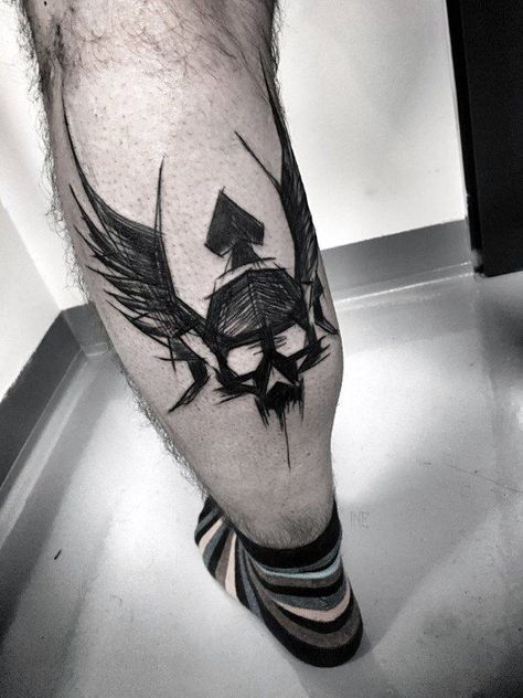 Leg Calf Skull With Wings Cool Sketch Tattoo Design Ideas For Male Tatuaje Trash Polka, Sketch Tattoos, Black And White Tattoo, Tattoo Ideas Males, Hawaiian Tattoo, Geniale Tattoos, Sketch Tattoo Design, Sketch Tattoo, Leg Tattoo Men