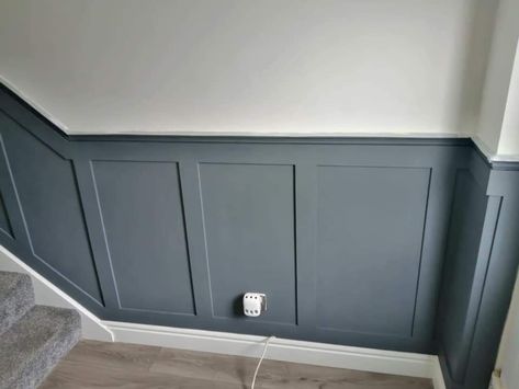 Panelled Walls In Lounge, Modern Dado Rail Ideas Hallway, Panelled Staircase Wall, Blue Panelling Hallway, Dark Grey Panelling Hallway, Dark Grey Hallway Panneling, Study Panelling, Grey Half Wall Panelling, Two Tone Hallway Color Schemes