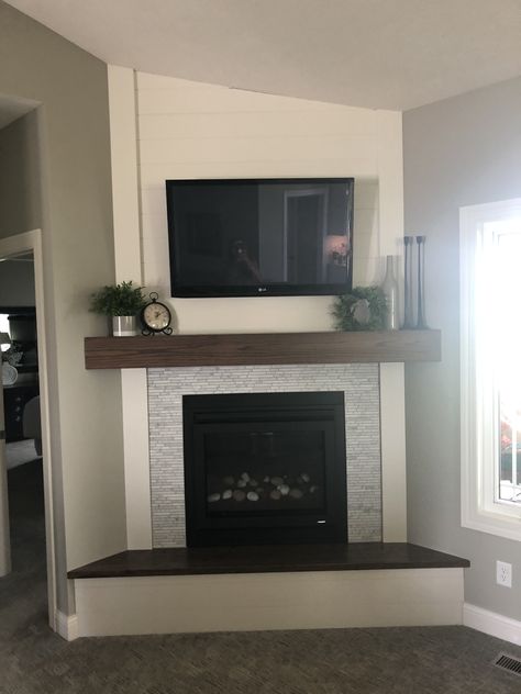 Corner Fireplace With Bench Seating, Diy Fireplace Corner Wall, Corner Fireplace Mantle Decor With Tv, Corner Built In Fireplace And Tv Diy, Diy Corner Mantle, Corner Fireplace With Storage, Corner Fireplace Redo, Corner Fireplace Insert, Corner Fireplace Mantle Ideas