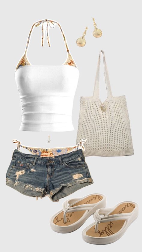 #outfit #inspo #summer #fun #bikini #inspiration #sun College Spring Break Outfits Bikinis, Summer Fits Jean Shorts, Summer Outfits With Bikinis, Summer Dance Outfits, Bathing Suit Top Outfit, 2000s Beach Outfits, Beach Outfit Jeans, Swimsuit Inspo Summer, Hot Vacation Outfits