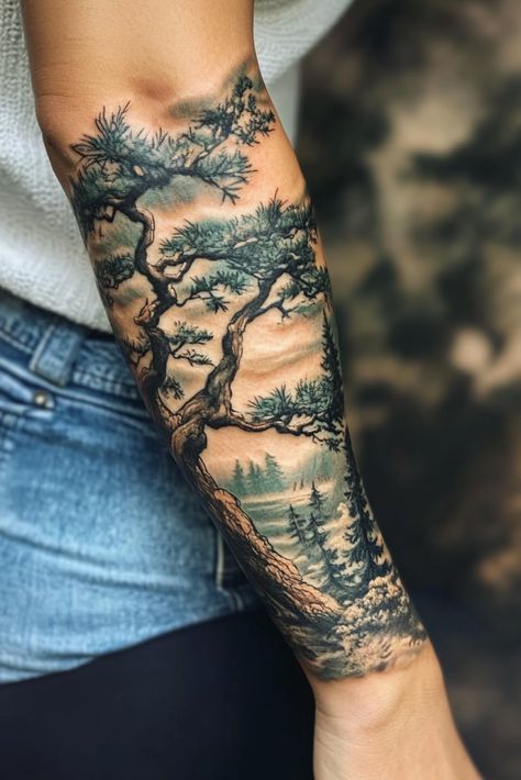 Nature Themed Sleeve Tattoo Patchwork, Forest Inspired Tattoo Sleeve, Forest Half Sleeve Tattoo Women, Earthy Half Sleeve Tattoo, Ladies Sleeve Tattoo, Nature Patchwork Sleeve, Ladies Sleeve Tattoo Ideas, Tattoo Ideas Unique, Sleeve Tattoo Ideas