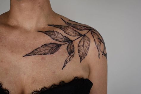 Leafy Shoulder Tattoo, Sumac Tattoo, Shoulder Tattoo Leaves, Shoulder Leaves Tattoo, Leaf Tattoo Shoulder, Leaves Shoulder Tattoo, Leaf Shoulder Tattoo, Plant Shoulder Tattoo, Leaf Back Tattoo