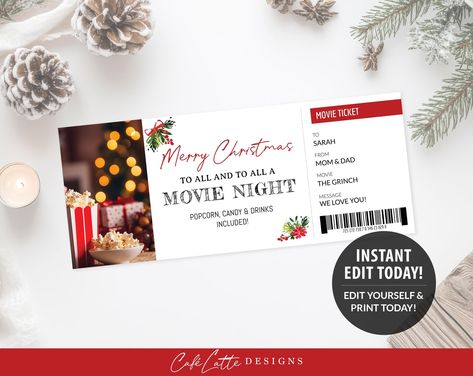 Christmas Movie Gift Certificate Template Printable, Christmas Movie Gift Certificate Editable Coupon, Personalized Custom Gift Card DIY Christmas Baby Announcement, Printable Gift Certificate, Baby Announcement Cards, Last Minute Christmas Gifts, Gift Tags Diy, Gift Certificate Template, Movie Gift, Certificate Design, Movie Tickets