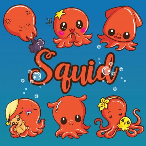 Set cute squid cartoon. animal cartoon c... | Premium Vector #Freepik #vector #baby Cute Squid, Baby Squid, Animal Illustration Kids, Red Octopus, Illustration Art Kids, Custom Rods, Frame Border Design, Monster Illustration, Animal Doodles