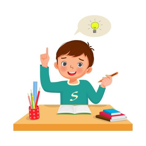 Little boy got an idea to solve the problems in math homework raised his finger pointing up while sitting studying on the desk at home Homework Desk, Work Cartoons, Vegan Books, Math Homework, Fondant Figures, Do Homework, Kids App, The Desk, Editorial Illustration