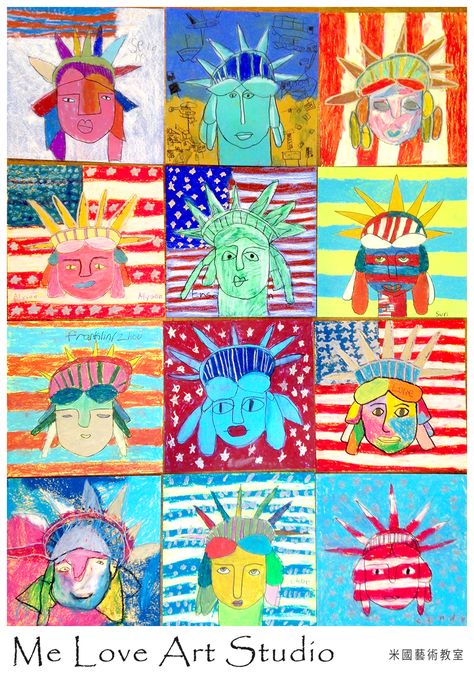 Statue Of Liberty Art Project, America Activities For Kids, Patriotic Art Projects, Statue Of Liberty Cartoon, Statue Of Liberty Craft, Flag Art Project, Multicultural Art, Bell Art, Landmarks Art