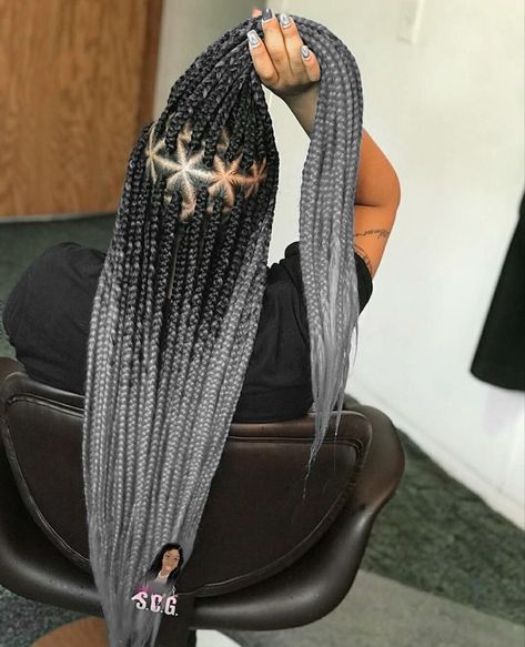 Ombre Gray Box Braids, Gray Senegalese Twist, Gray Ombre Braids Black Women, Grey Ombre Box Braids, Black And Grey Braids For Black Women, Grey Ombre Braids, Grey Box Braids Silver Black Women, Silver Knotless Braids, Black And Grey Braids