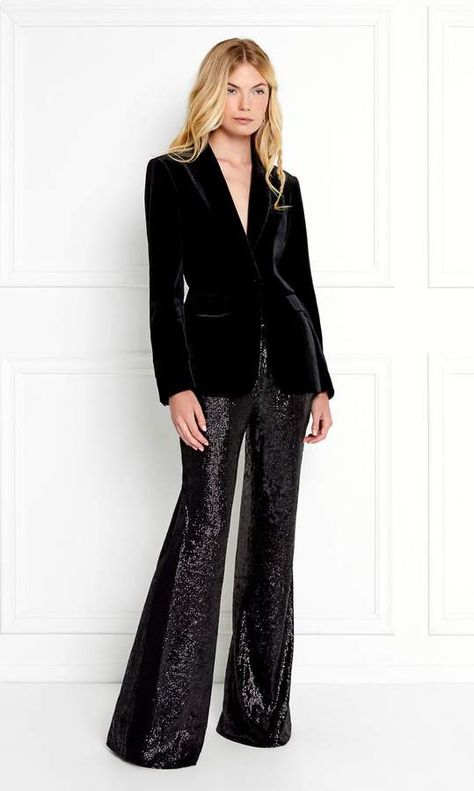 Eliza Velvet Blazer - Women's Fashion - Ad Blue Dress Pants Women Work Outfits, Black Sequin Pants Outfit, Sequins Pants Outfit, Velvet Blazer Outfit, Black Sequin Pants, Sequin Pant, Tuxedo Women, Cocktail Outfit, Nye Outfits