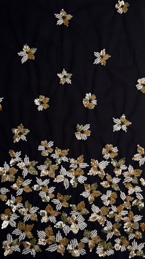 Black tulle hand-embroidered with gold sequins and ivory | Etsy Zardozi Embroidery, Hand Beaded Embroidery, Hand Embroidery Dress, Motifs Perler, Kurti Embroidery Design, Couture Embroidery, Bead Embroidery Patterns, Hand Work Embroidery, Embroidered Blouse Designs