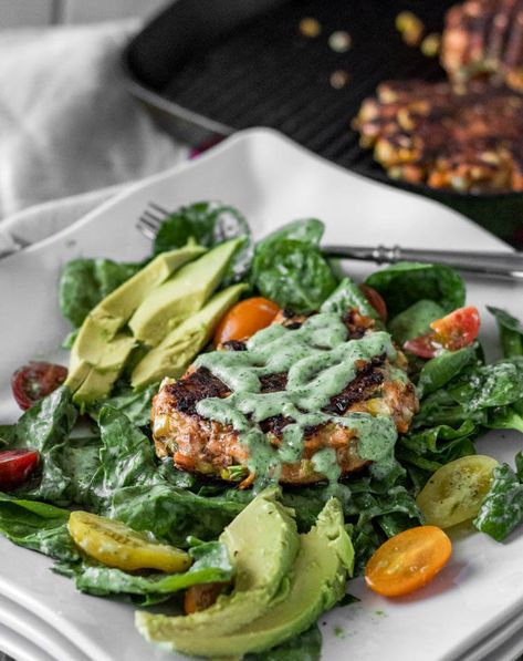 Spicy Mexican Salmon Patties with Creamy Cilantro Ranch and Spinach Salad - a white square plate with a completed Mexican salmon patty atop spinach salad with cilantro ranch dressing. Cilantro Sauce For Salmon, Grilled Salmon Salad With Creamy Cilantro Lime Dressing, Salmon With Cilantro Lime Rice, Mexican Salmon, Cilantro Lime Salmon With Avocado Salsa, Salmon With Lime And Cilantro, Tomato Salad Dressing, Cilantro Ranch, Jalapeno Ranch Dressing