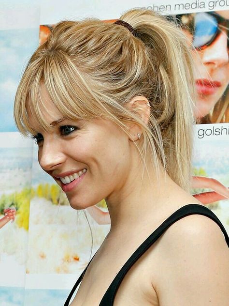 Love this. Wispy bangs and blonde highlights <3 Sienna Miller Hair, Bangs Ponytail, High Ponytail Hairstyles, Blonde Ponytail, Sienna Miller, Hair And Beauty, High Ponytails, Long Hairstyles, Hair Envy