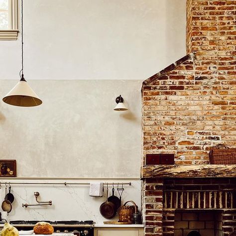 Cedar Mill Lane | Katie on Instagram: "Wednesday evening || still dreaming of this kitchen. That stunning brick fireplace was once walled up. After being uncovered + restored, it’s a main centerpiece of this kitchen once more and she is on her A game today. #kitchen #kitchenremodel #victoriankitchen #victorianhomes #victorianhomerenovation #capemay #capemayhomes #victoriancapemay" Restored Brick Fireplace, Victorian Home Renovation, Kitchen With Fireplace, Victorian Cape, Brick Chimney, Victorian Kitchen, Diy Fireplace, Brick Fireplace, Victorian Homes