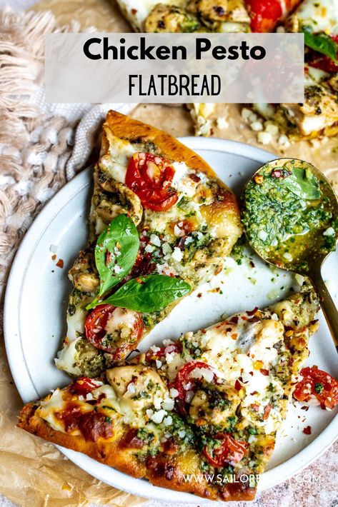 Chicken Pesto Flatbread Flat Bread Chicken Pesto Pizza, Pesto Pizza Chicken, Healthy Chicken Flatbread, Flatbread With Chicken, Flatbread Recipes Pesto, Flatbread Topping Ideas Easy, Grilled Chicken Flatbread, Pesto Chicken Pizza Recipe, Pesto Chicken Flatbread Pizza