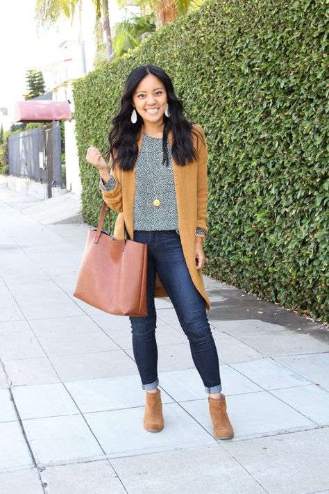 Four Types of Sweaters for Fall To Mix Up Your Fall Style Colored Sweater Outfit, Types Of Sweaters, Sweaters For Fall, Polished Casual, Cardigan Outfit, Tan Cardigan, Dark Wash Bootcut Jeans, Sweater Outfit, Striped Long Sleeve Tee