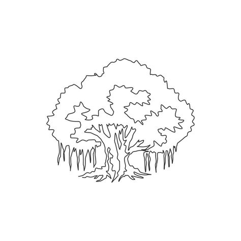 Single one line drawing of big shady and beauty leafy banyan tree. Decorative ficus benghalensis plant concept for national park logo. Modern continuous line draw design vector graphic illustration Big Tree Drawing, Tree Drawing For Kids, National Park Logo, Tree Line Drawing, Ficus Benghalensis, Tree Outline, Plant Life Cycle, One Line Drawing, Continuous Line Drawing