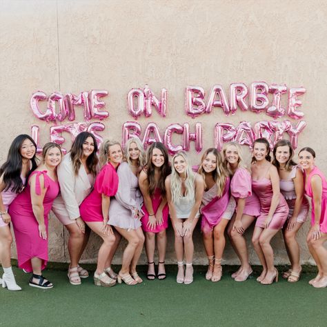 Bachelorette Party Pink Outfits, Barbie Themed Bachelorette Party Outfits, All Pink Bachelorette Party, Bachelorette Party Barbie Theme, Bach Party Outfit Themes, All Pink Bachelorette Outfits, Bachelorette Pink Theme, Disco Barbie Bachelorette Party, Pink Theme Bachelorette Party