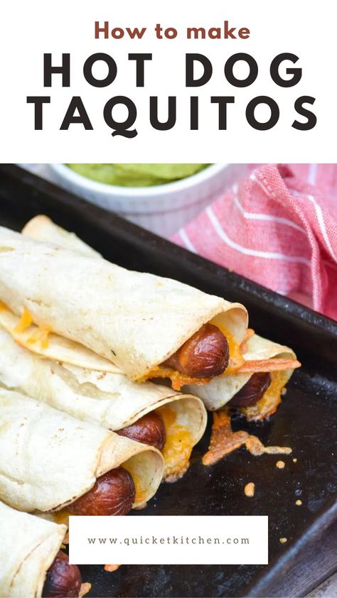 How To Make Hot Dog Taquitos. Hot dog taquitos are a the perfect way to use up leftover grilled hot dogs. Also known as chihuahuas, kids love eating them and I love making this easy recipe. Find hot dog taquitos air fryer, cheesy hot dog taquitos, and cheesy mexican hot dog taquitos. View this easy recipe at www.thequickerkitchen.com Hot Dog Recipes No Bun, What To Make With Hot Dogs, Sides To Go With Hot Dogs, Best Chili Dogs Recipe, Taquitos Air Fryer, Football Sandwiches, Keto Camping, Hot Dog Appetizers, Grilled Hot Dogs